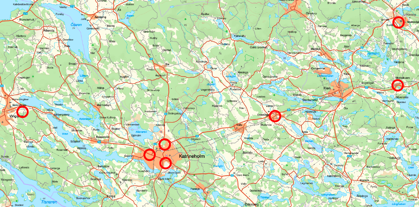 Karta som visar platserna där renoveringsarbeten pågår