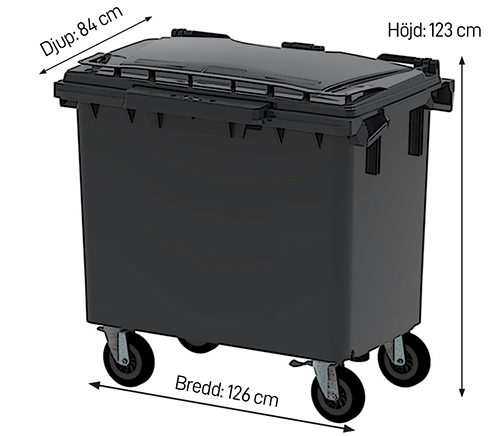 Avfallskärl som rymmer 660 liter. Kärlens mått, bredd 126 centimeter, höjd 123 centimeter, djup 84 centimeter.